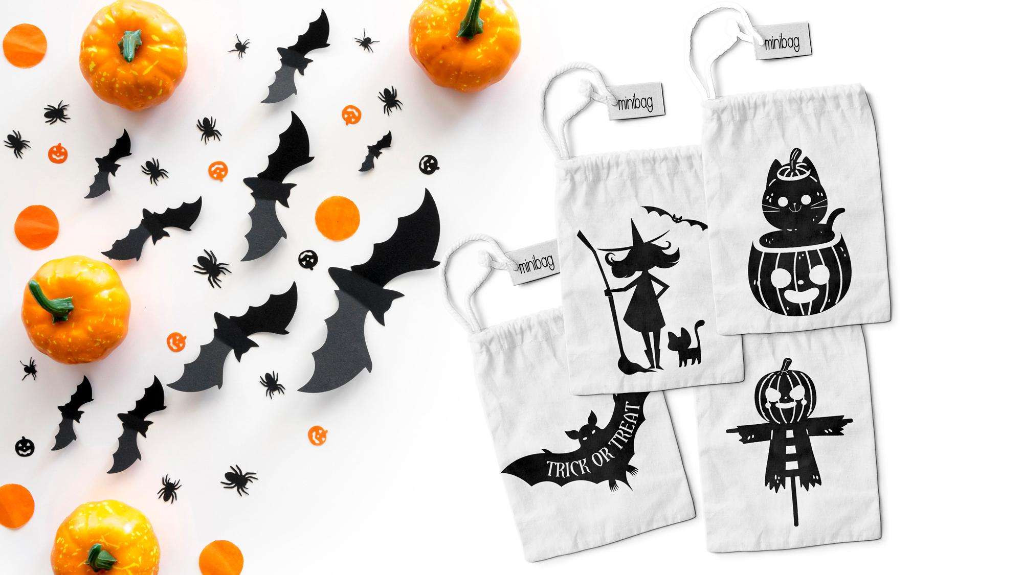 Halloweeni cukorka gyűjtő zsák gyerekeknek többféle Halloween mintával